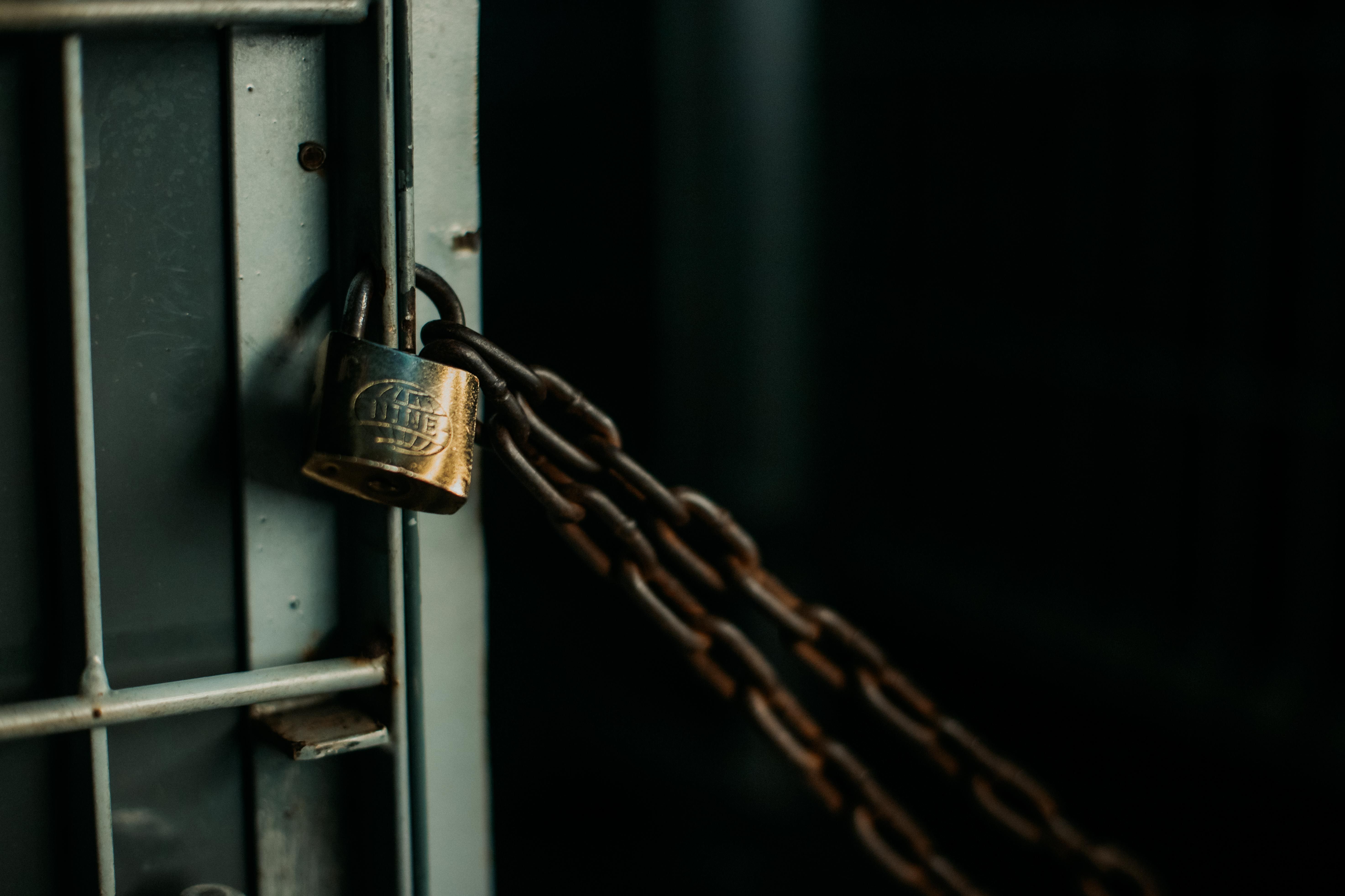 Rusty chain secured with a brass padlock on a gray metal gate in dim light.