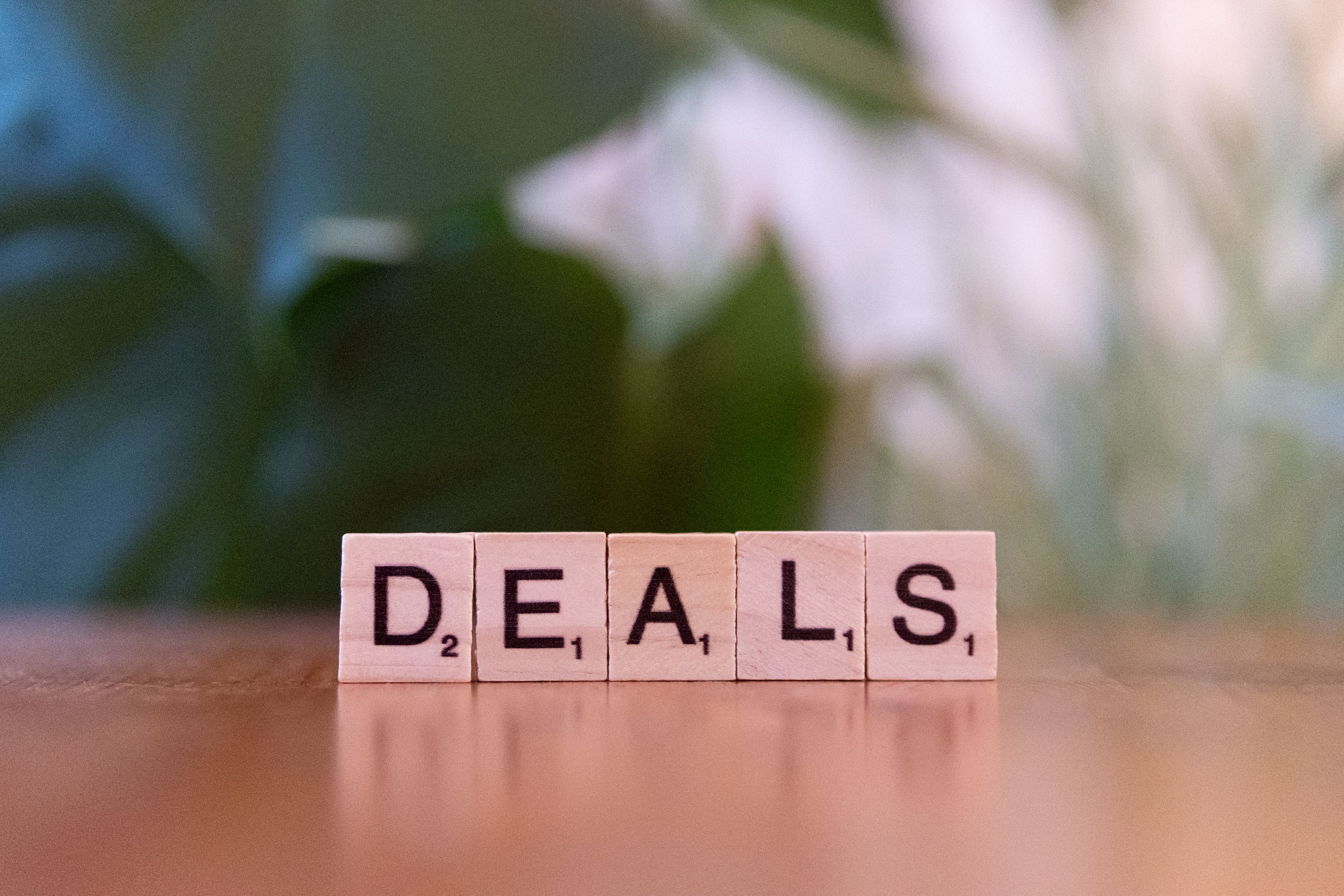 Wooden Scrabble tiles spelling the word DEALS on a wooden table with a blurred plant background.